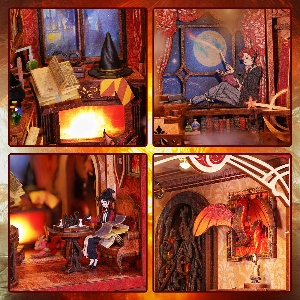 CUTEBEE Book Nook Doll House 3D Puzzle With Touch Light Dust Cover Magic  Bookshelf Insert  Flame Common Room