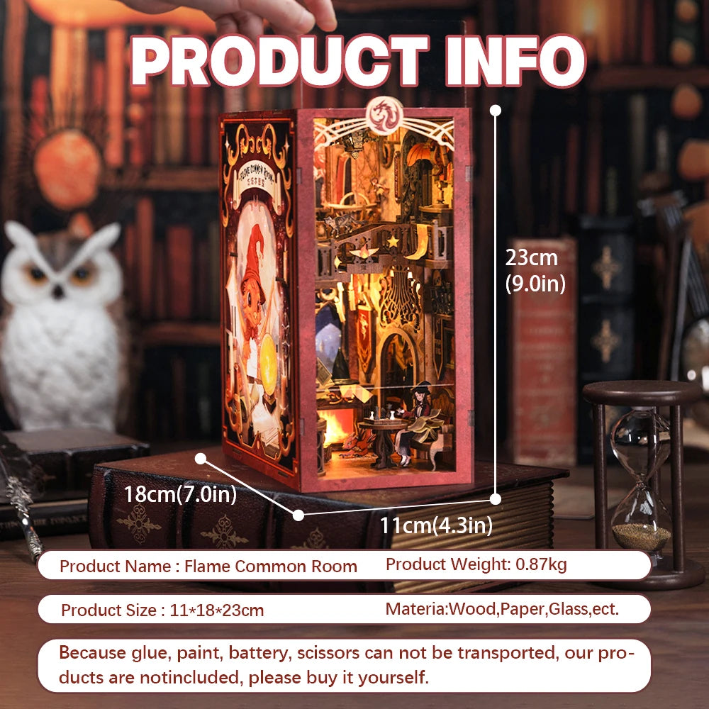 CUTEBEE Book Nook Doll House 3D Puzzle With Touch Light Dust Cover Magic  Bookshelf Insert  Flame Common Room