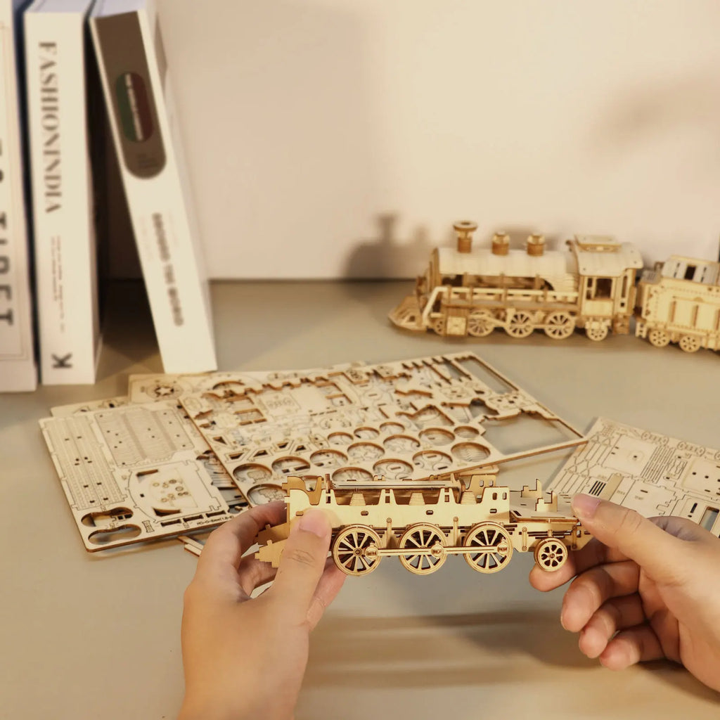 3D Mechanical Wooden Train Model Kit -  Moving Locomotive Puzzle with Gears