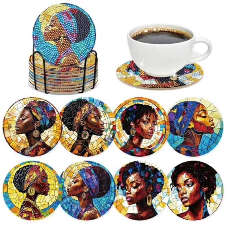 Blue Flower Diamond Art Coasters - 8 Pcs Kit with Cork Base, Holder