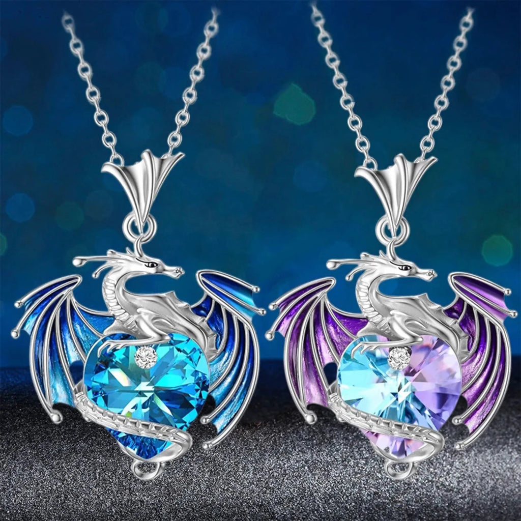 Multi-Color Alloy Crystal  Flying Silver Dragon Heart Rhinestone Design Necklace