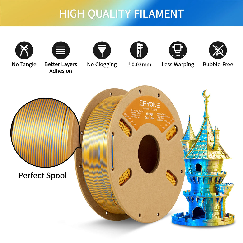ERYONE 1KG Silk Dual Color PLA Series 3D Printer Filament 1.75mm,Coextrusion Silky Shiny Finish