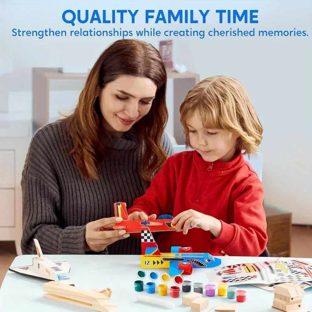 JOYFY 4 Pieces-Build & Paint Your Own Wooden Airplane Craft Kit Easy to Assemble 6-12