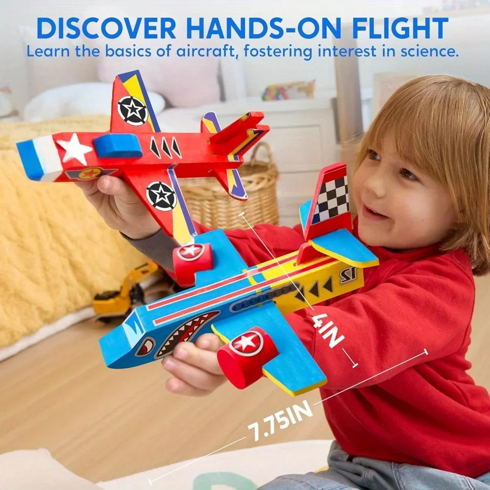 JOYFY 4 Pieces-Build & Paint Your Own Wooden Airplane Craft Kit Easy to Assemble 6-12