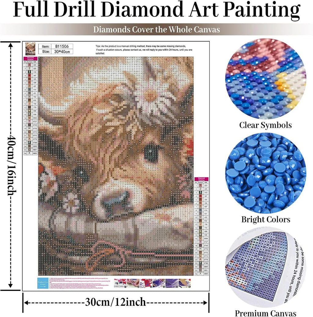 Highland Cow Diamond Painting Kit 5D Round Gem Art with Canvas and Tools, 12x16 Inch