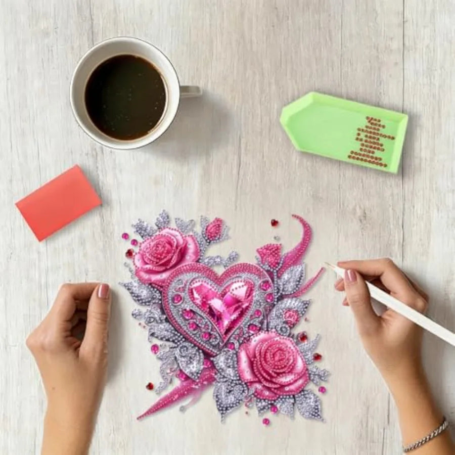 Hearts & Roses 5D Diamond Painting Hanging Pendant, DIY Rose and Heart Diamond Art Kit B