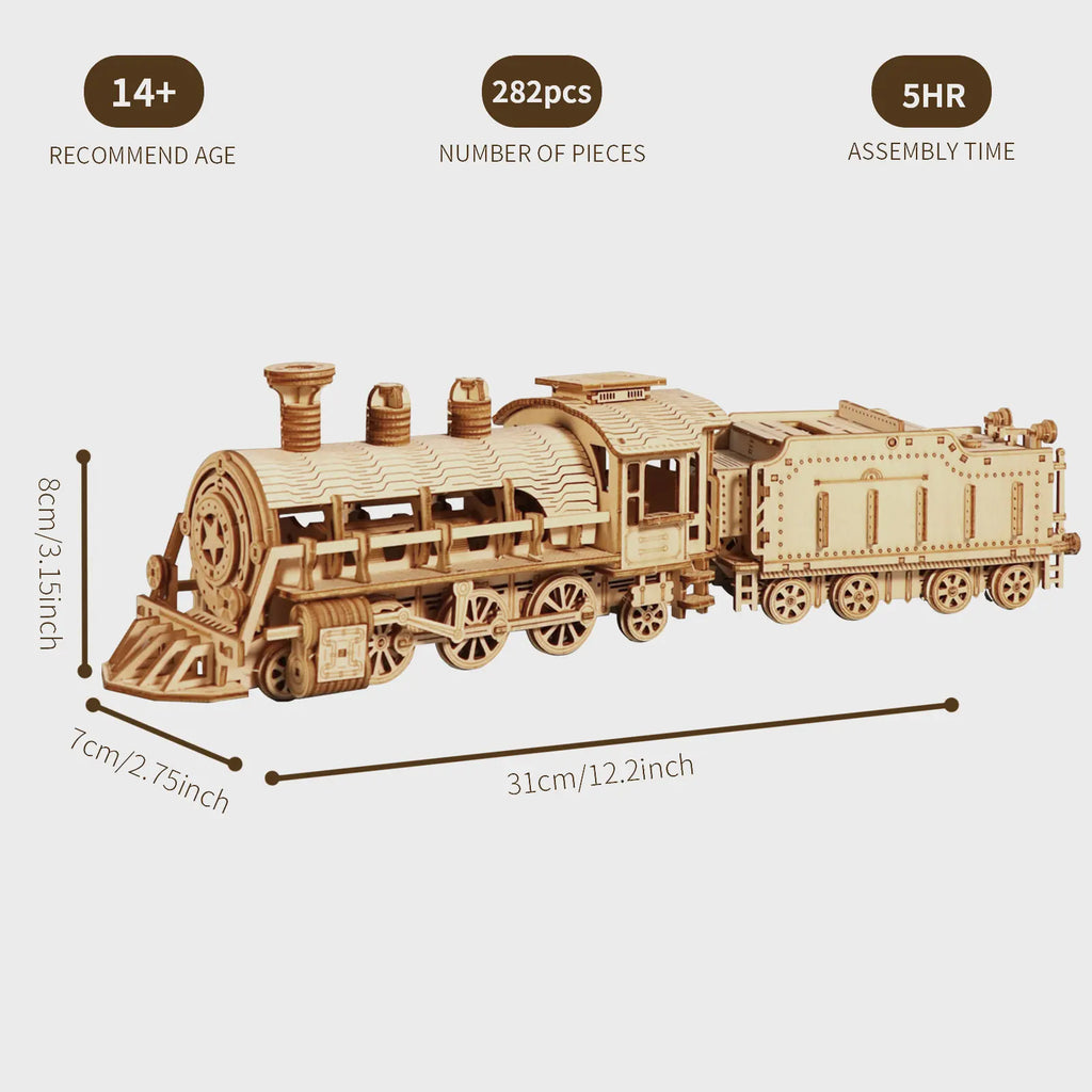3D Mechanical Wooden Train Model Kit -  Moving Locomotive Puzzle with Gears