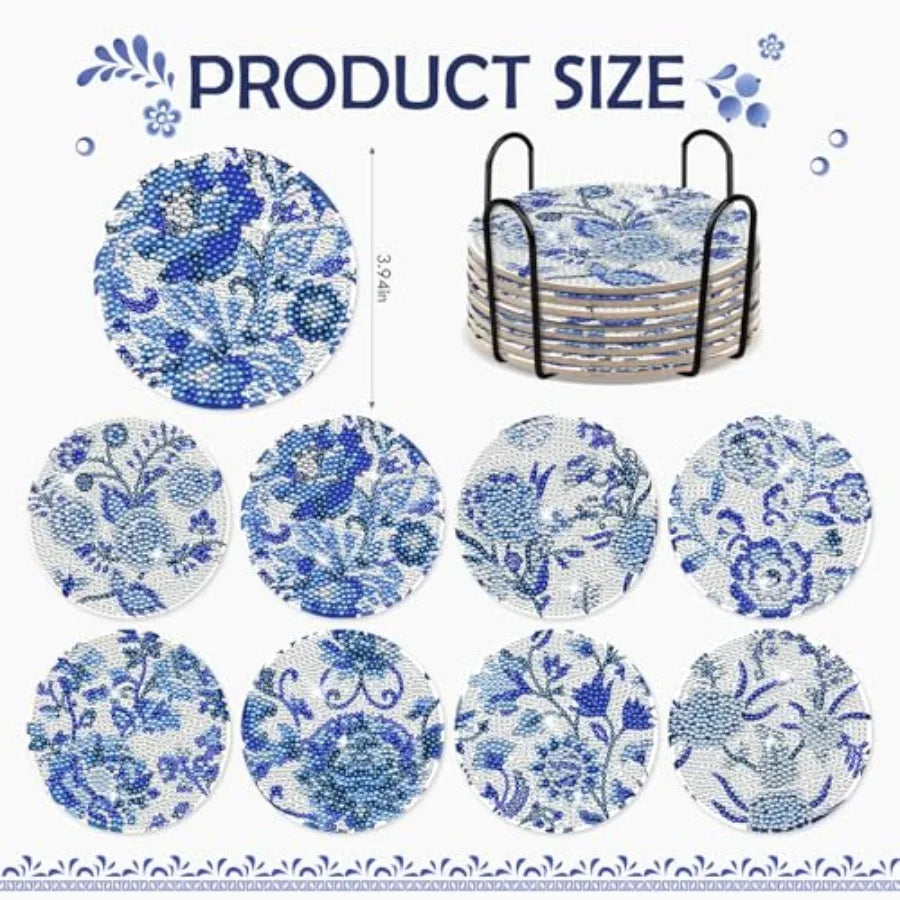 Blue Flower Diamond Art Coasters - 8 Pcs Kit with Cork Base, Holder