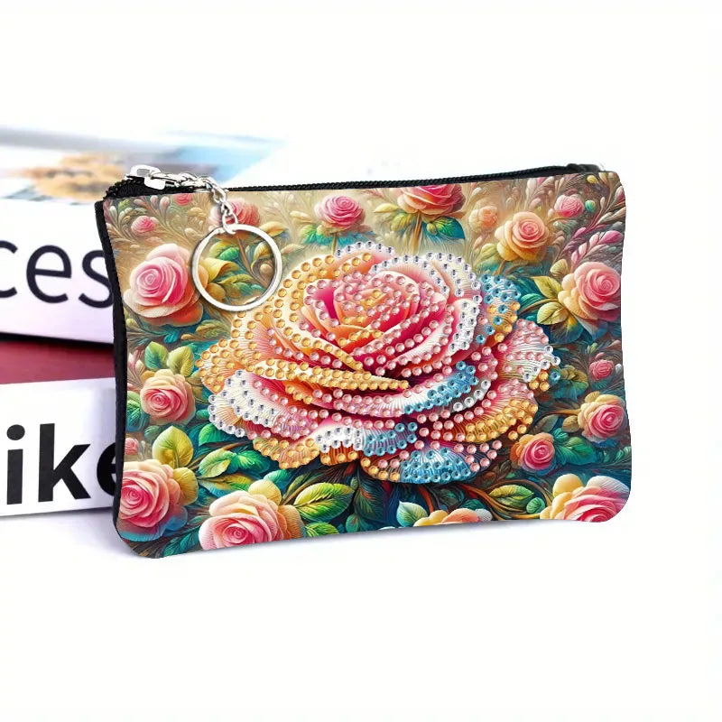 1pc DIY Flowers Diamond Art Coin Pouch with Zipper PU Leather Crystal Rhinestones  for Cash, Daily Use, Travel