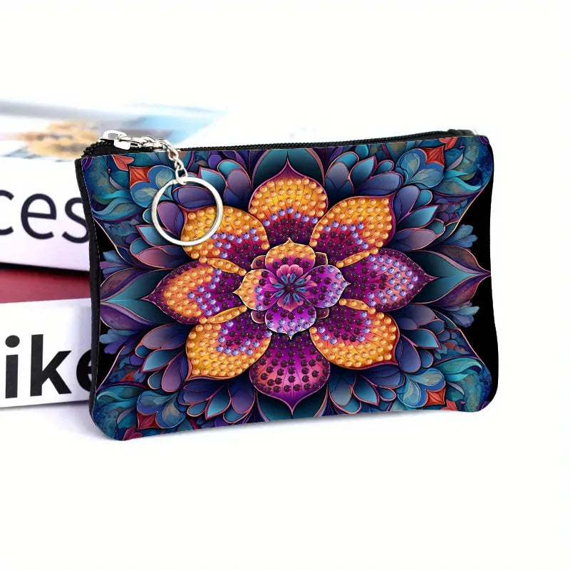 1pc DIY Flowers Diamond Art Coin Pouch with Zipper PU Leather Crystal Rhinestones  for Cash, Daily Use, Travel