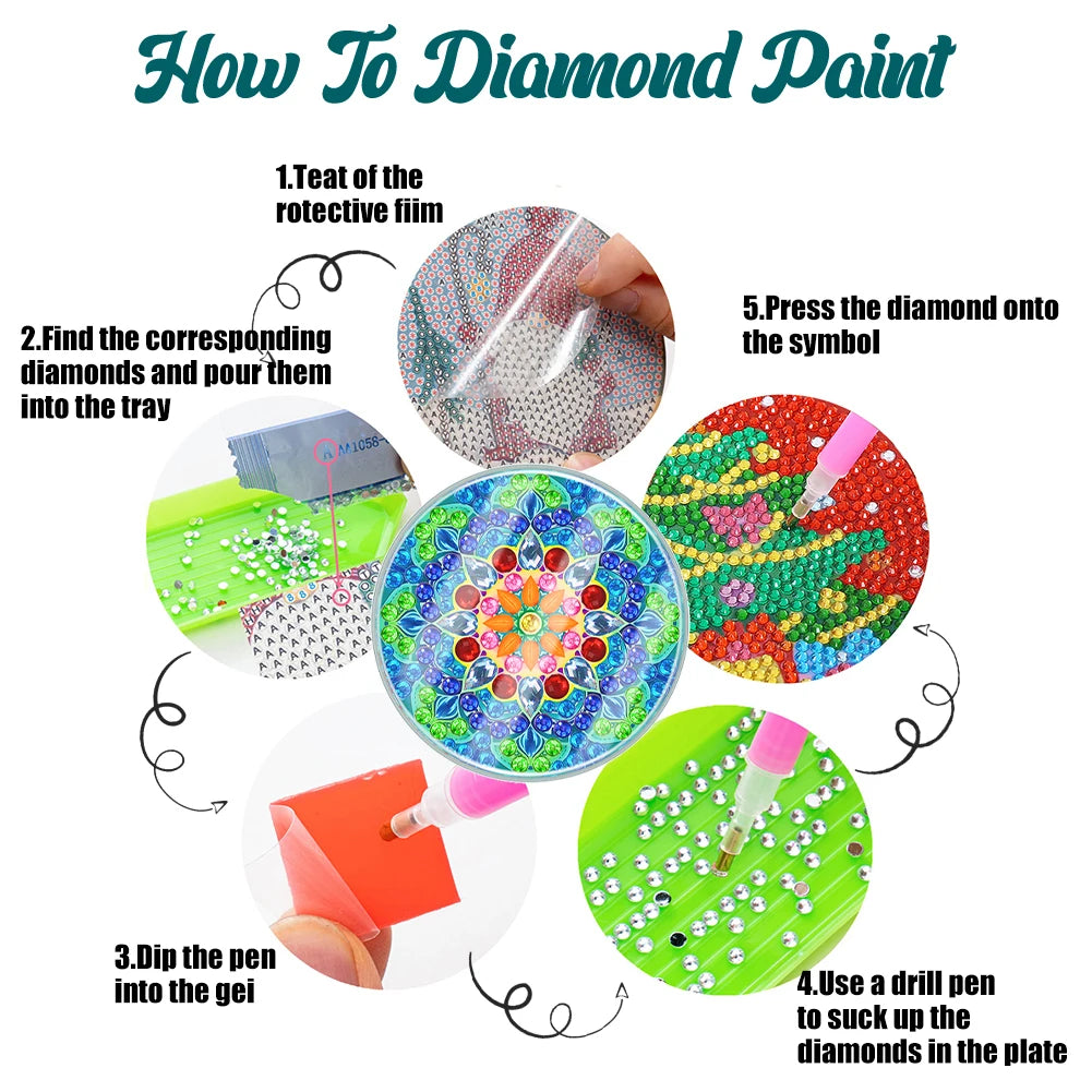 Diamond Painting Art Coaster Kit Mandala Acrylic  Washable with Holder for Adults Beginner 6 Pieces