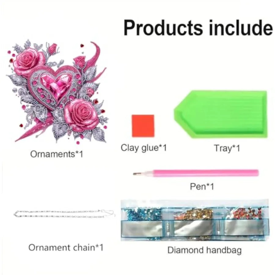 Hearts & Roses 5D Diamond Painting Hanging Pendant, DIY Rose and Heart Diamond Art Kit B