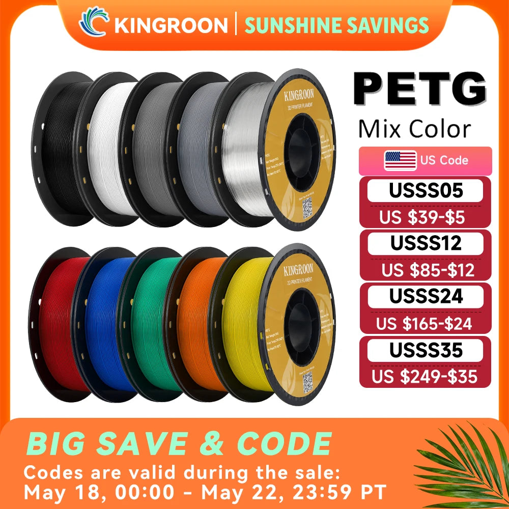 KINGROON PETG 3D Printer Filament 1.75mm 5KG 10KG Mix Color 1kg/roll   Plastic For FDM