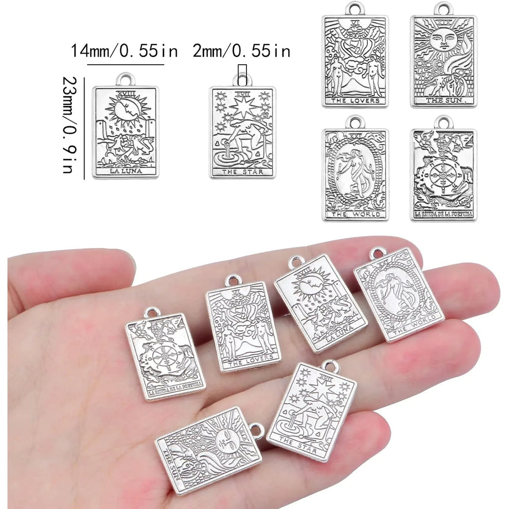 Tarot Card Zinc Alloy Rectangle Wheel Of Fortune Sun Tarot Protection Charm Amulets for  Bracelets Necklaces Earrings 24pcs