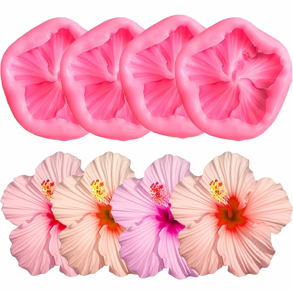 4-Piece Hibiscus Flower Silicone Mold Set | For Decoration, Soap Making, Scented Candle Making, Clay Resin Casting - Tools, Pendant Molds