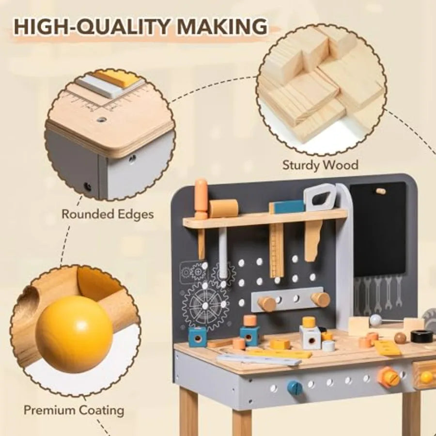 ROBUD Wooden Tool Workbench for Toddlers Toy Tools Set Gift for 3 4 5 6 7 Years Old and Up