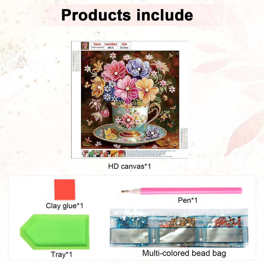 5D DIY Diamond Painting Flower Kit, Flower Decoration in Cups, DIY Alien Drill Bit, Diamond Mosaic Art Gift Crafts, Wall Home De