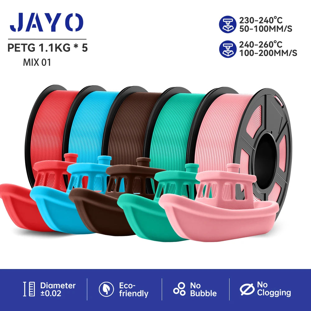 JAYO 5Rolls PLA/PLA Plus/Petg/ABS/TPU/PLA Metal/PLAYG/HS-PLA 3D Printer Filament 1.75mm FDM