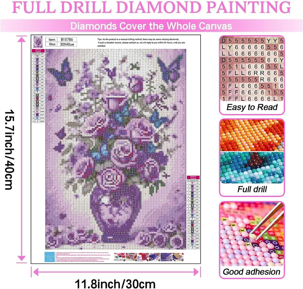 Floral Butterfly Diamond Painting Kit for Adults Beginners, 5D Full Drill Art Home Decor 12x16 Inch