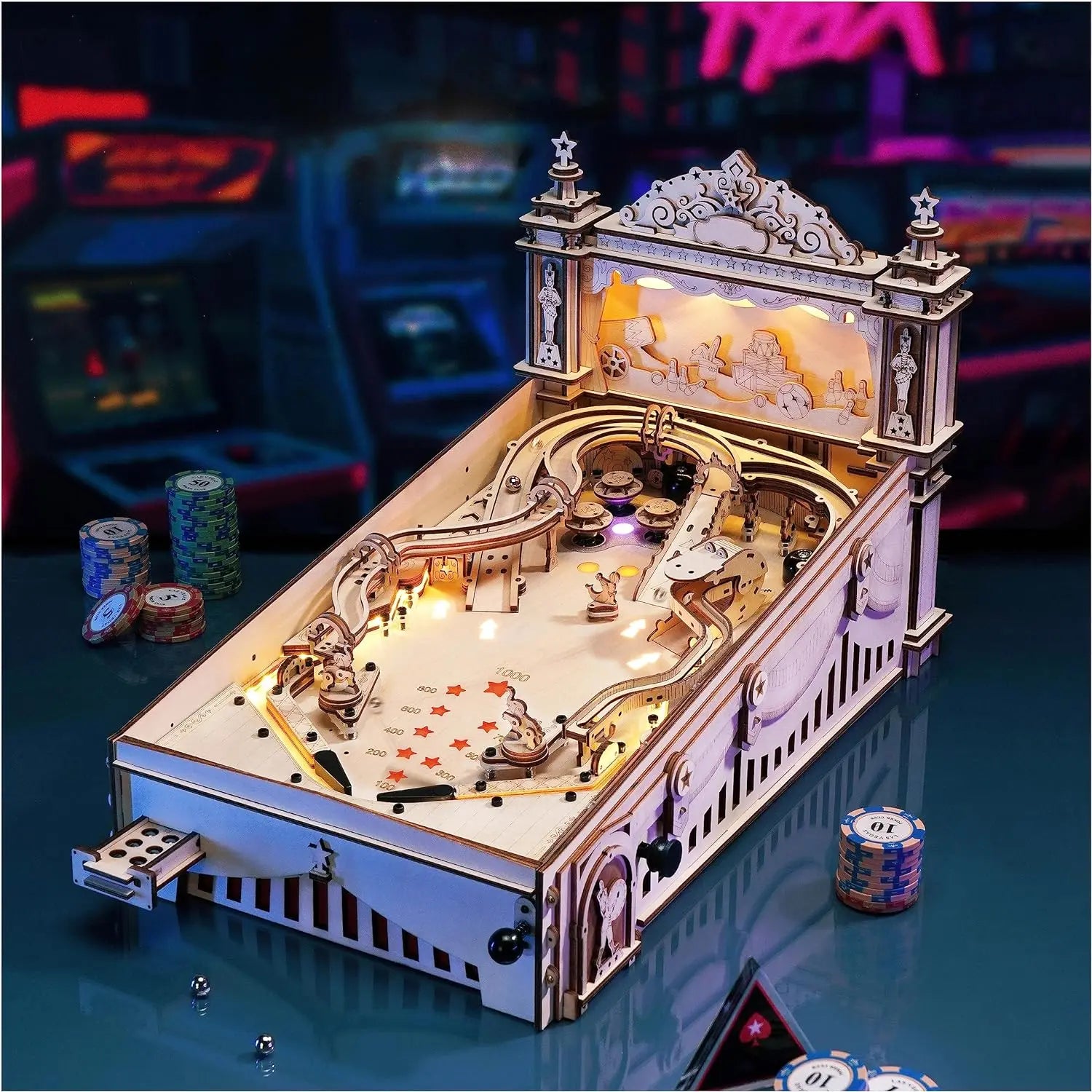 Robotime 3D Pinball Machine Puzzle  Mechanical Wooden Model Building Kits for Adult 14+ Teens
