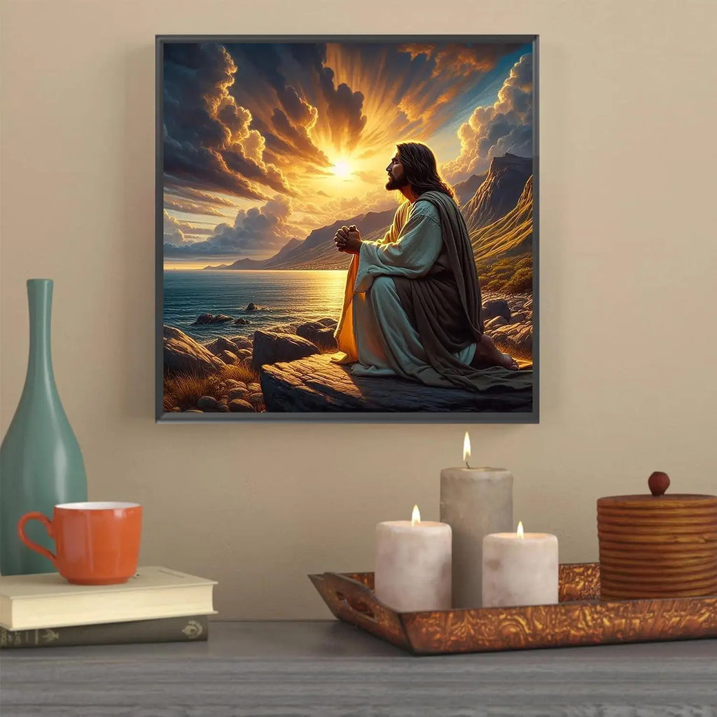 Jesus Christ Prayer Diamond Art Kit for Adults, Round Full Drill Painting 13.8x13.8in