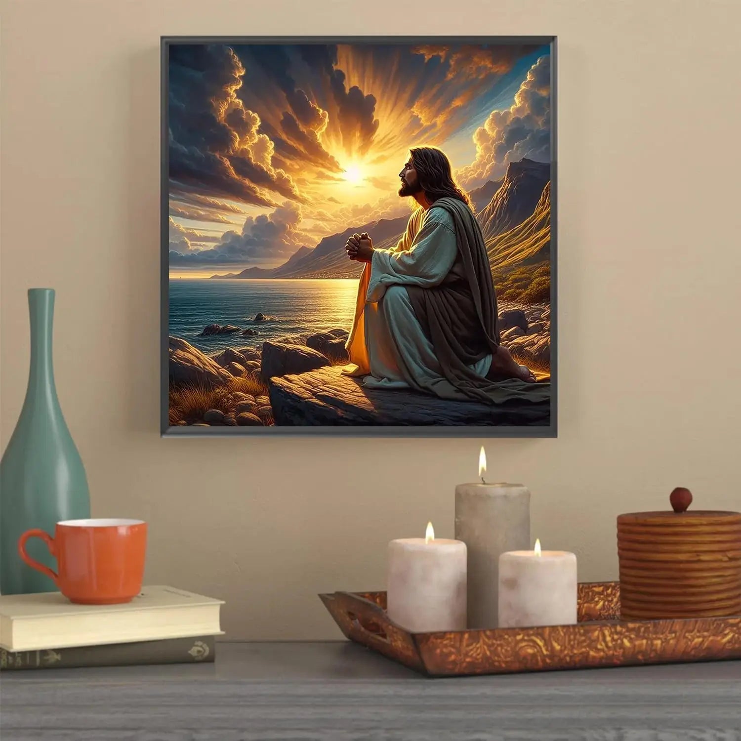 Jesus Christ Prayer Diamond Art Kit for Adults, Round Full Drill Painting 13.8x13.8in