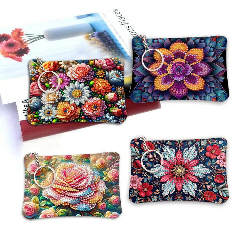 1pc DIY Flowers Diamond Art Coin Pouch with Zipper PU Leather Crystal Rhinestones  for Cash, Daily Use, Travel