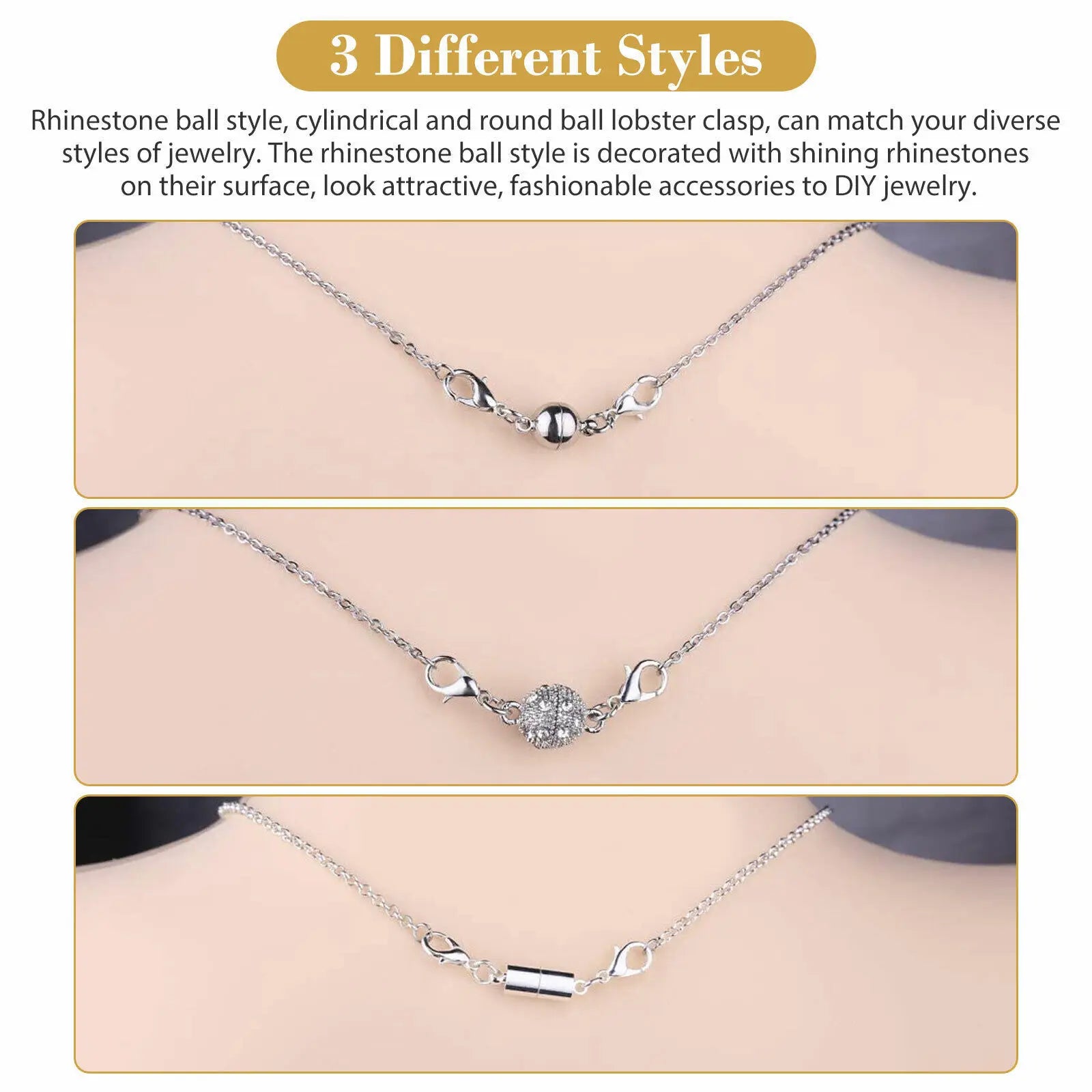 3-Style Strong  Magnetic Clasps for  Jewelry Making Necklaces Bracelets or as an  Extender Chain 24Pcs