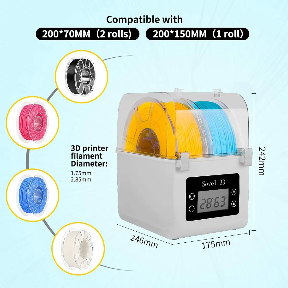 Sovol 2 Rolls Filament Dehydrator Spool Holder Dry Box for 1.75mm, 2.85mm ABS PLA PETG TPU FDM Material 3D Printer