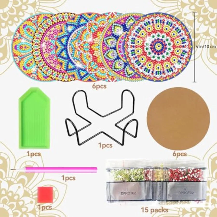 Diamond Painting Coaster Kit, 6 Pieces  with Holder,