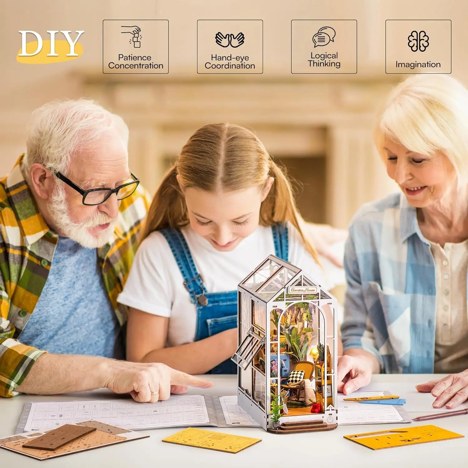 Book Nook Wooden Miniature Doll House for Bookshelf Insert Furniture