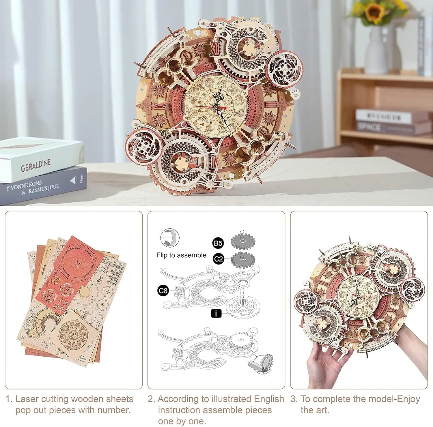 Robotime Wall Clock 3D Wooden Puzzle Set Mechanical Building Kits
