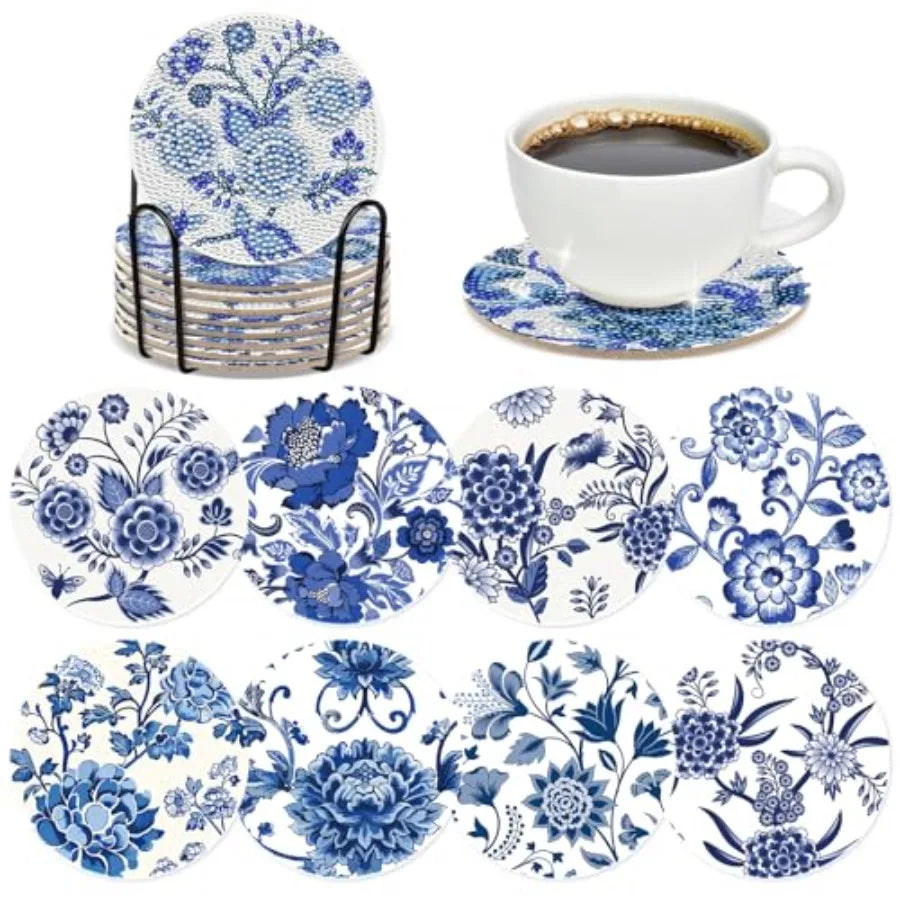 Blue Flower Diamond Art Coasters - 8 Pcs Kit with Cork Base, Holder