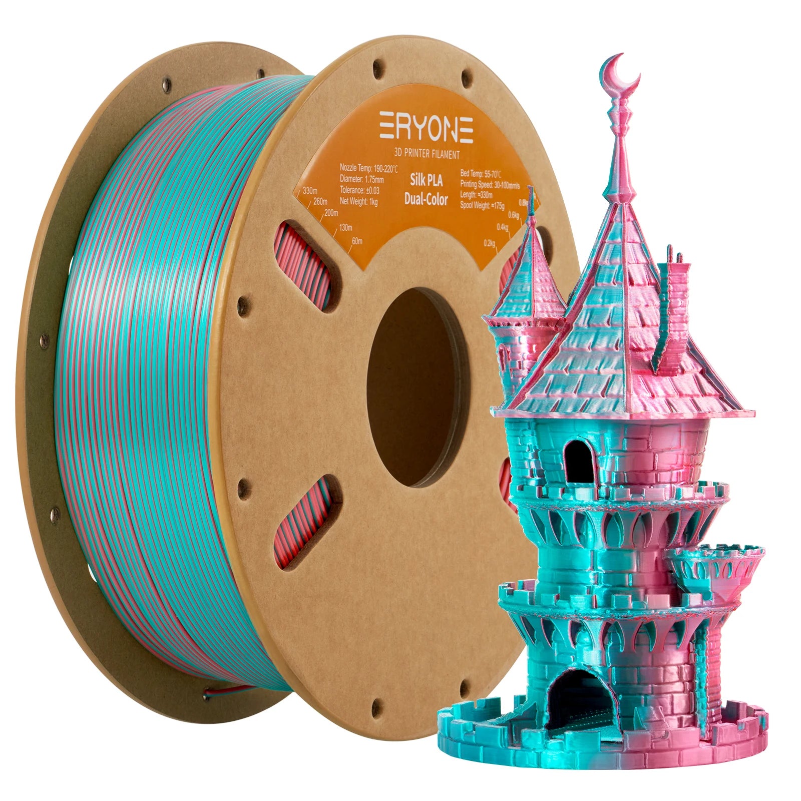 ERYONE 1KG Silk Dual Color PLA Series 3D Printer Filament 1.75mm,Coextrusion Silky Shiny Finish