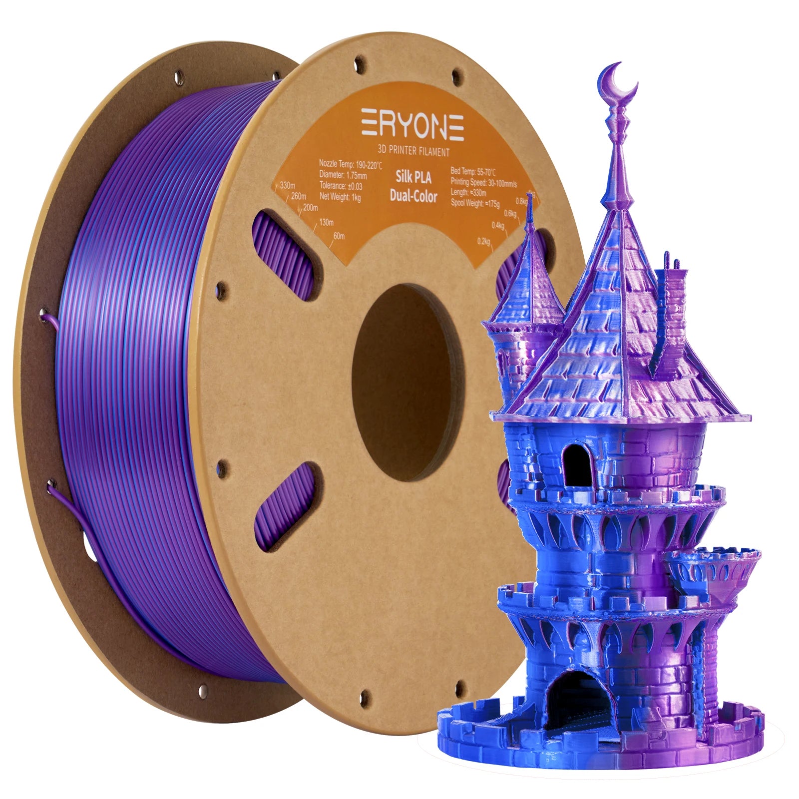 ERYONE 1KG Silk Dual Color PLA Series 3D Printer Filament 1.75mm,Coextrusion Silky Shiny Finish