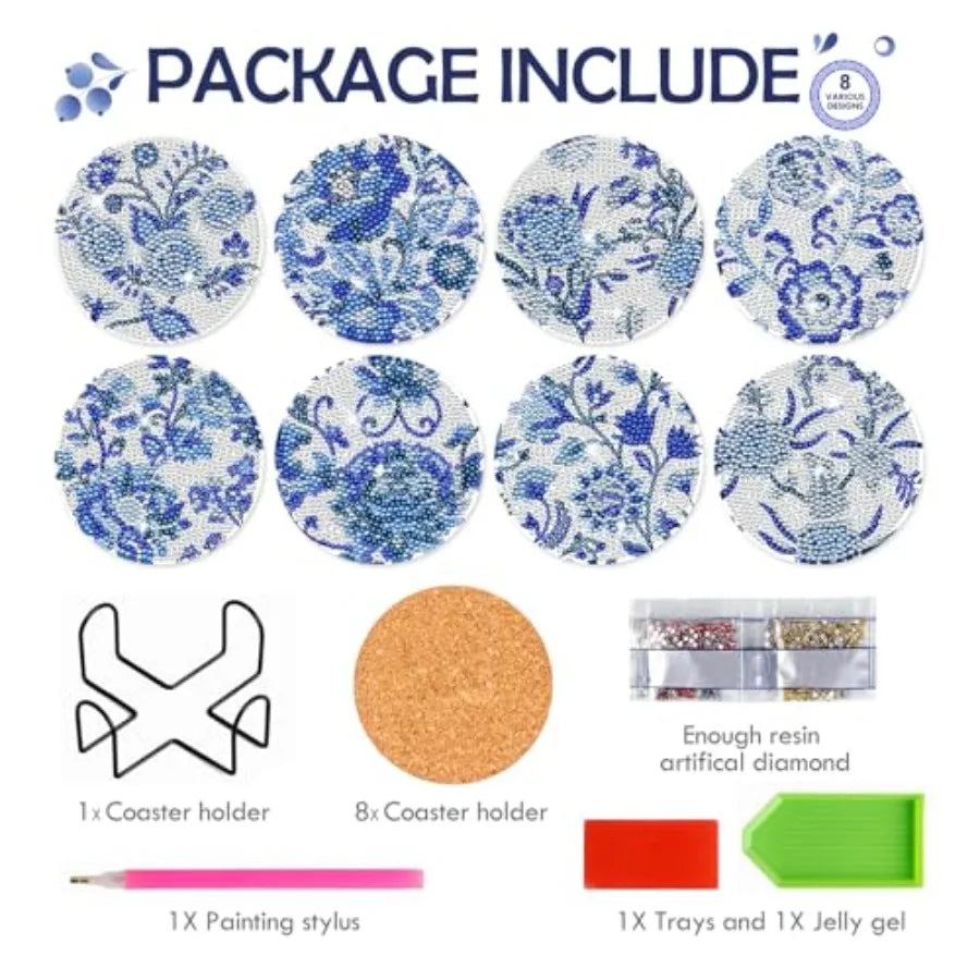 Blue Flower Diamond Art Coasters - 8 Pcs Kit with Cork Base, Holder